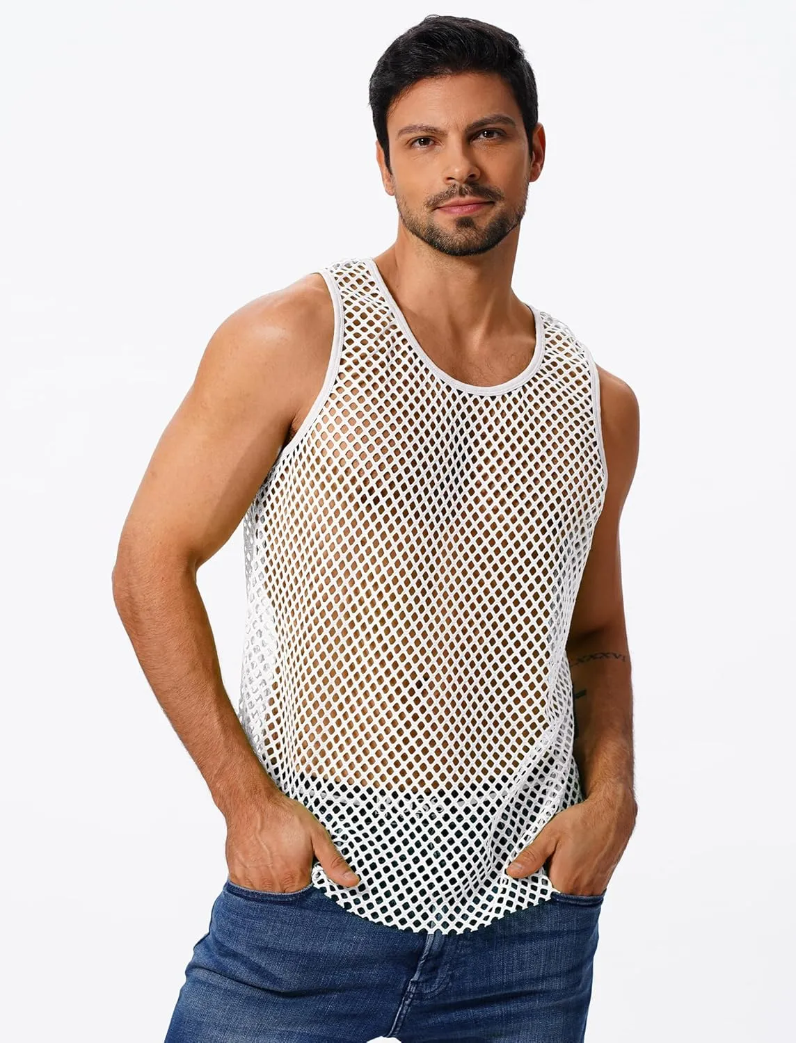 ABAFIP Men's Fishnet Mesh Tank Top Sleeveless Sheer Shirt Gym Workout Fitted Muscle Top Undershirt