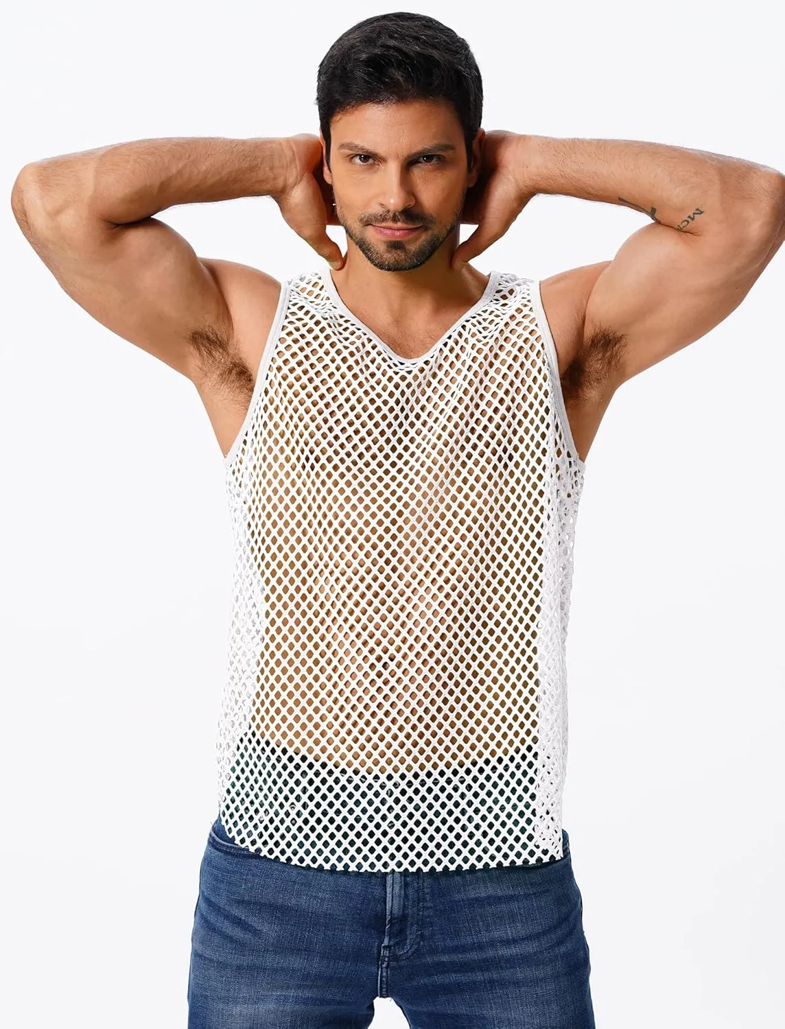 ABAFIP Men's Fishnet Mesh Tank Top Sleeveless Sheer Shirt Gym Workout Fitted Muscle Top Undershirt