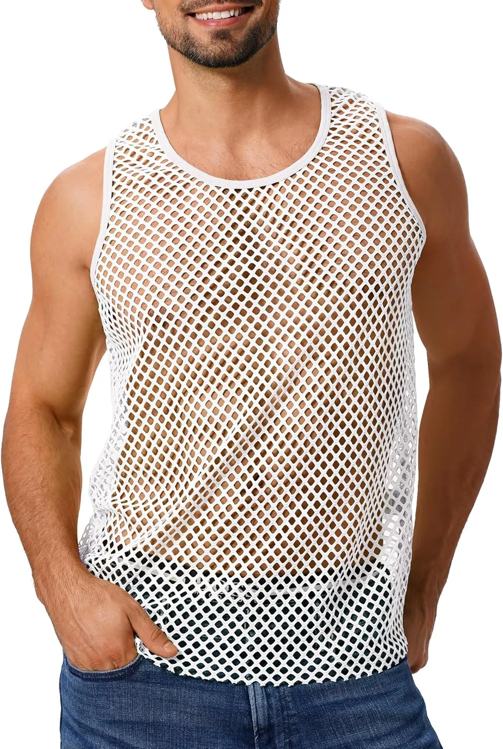 ABAFIP Men's Fishnet Mesh Tank Top Sleeveless Sheer Shirt Gym Workout Fitted Muscle Top Undershirt
