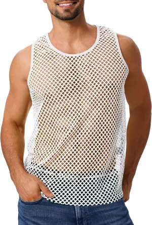 ABAFIP Men's Fishnet Mesh Tank Top Sleeveless Sheer Shirt Gym Workout Fitted Muscle Top Undershirt