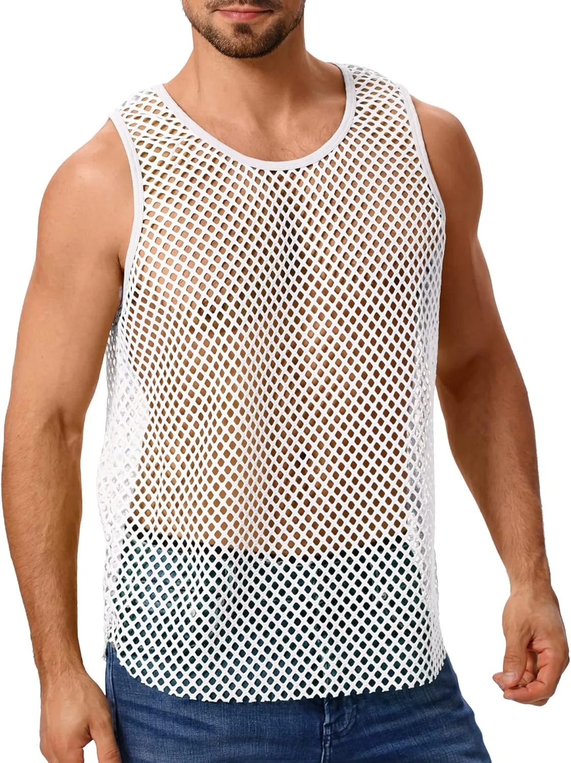 ABAFIP Men's Fishnet Mesh Tank Top Sleeveless Sheer Shirt Gym Workout Fitted Muscle Top Undershirt