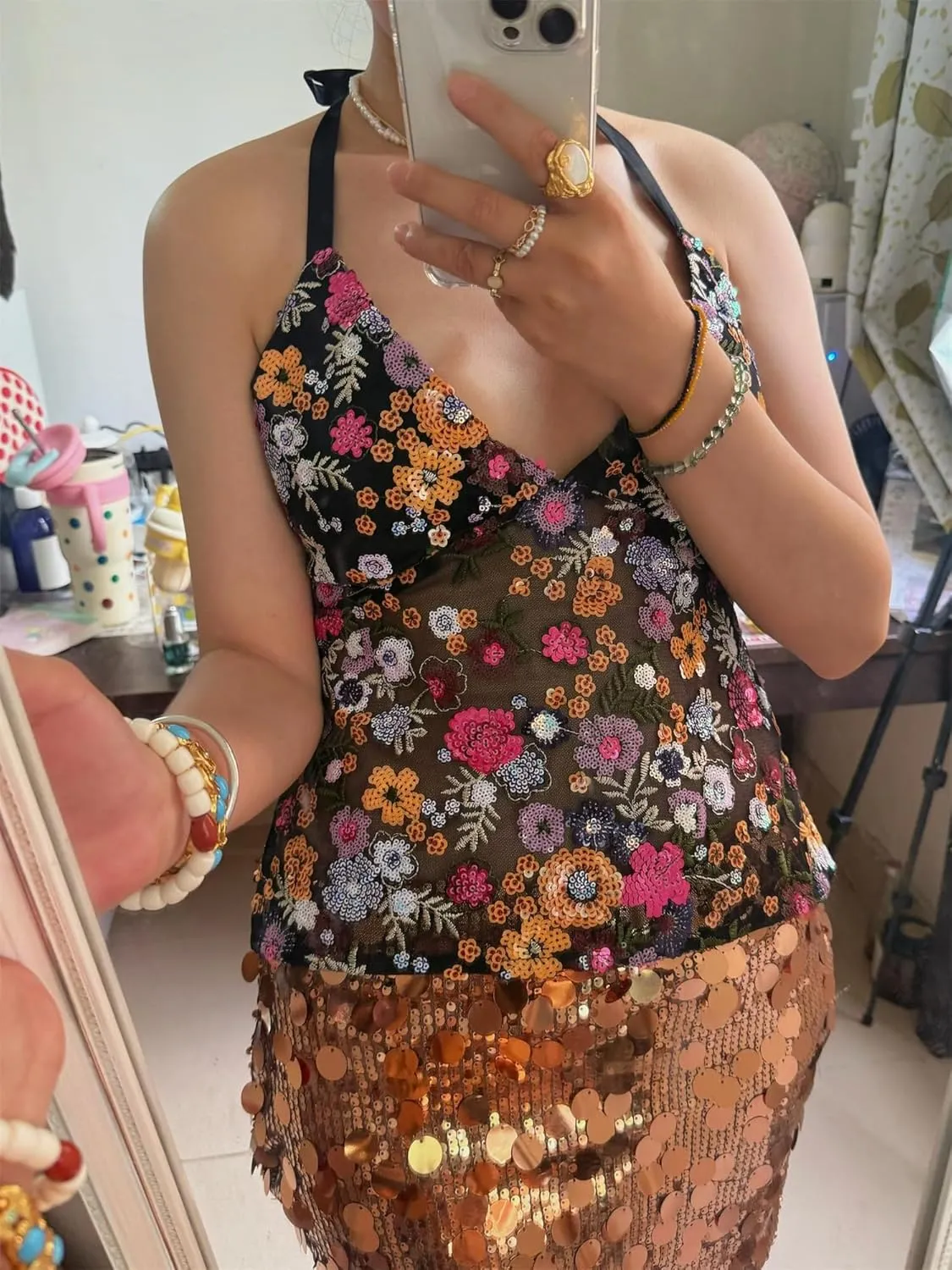 Alyweatry Women Sequin Beaded Halter Top Sleeveless V Neck Backless Vintage Y2k Glitter Going Out Tank Top Rave Party Outfits