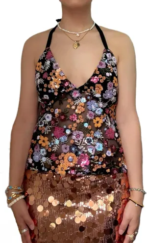 Alyweatry Women Sequin Beaded Halter Top Sleeveless V Neck Backless Vintage Y2k Glitter Going Out Tank Top Rave Party Outfits