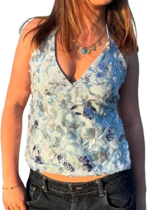 Alyweatry Women Sequin Beaded Halter Top Sleeveless V Neck Backless Vintage Y2k Glitter Going Out Tank Top Rave Party Outfits