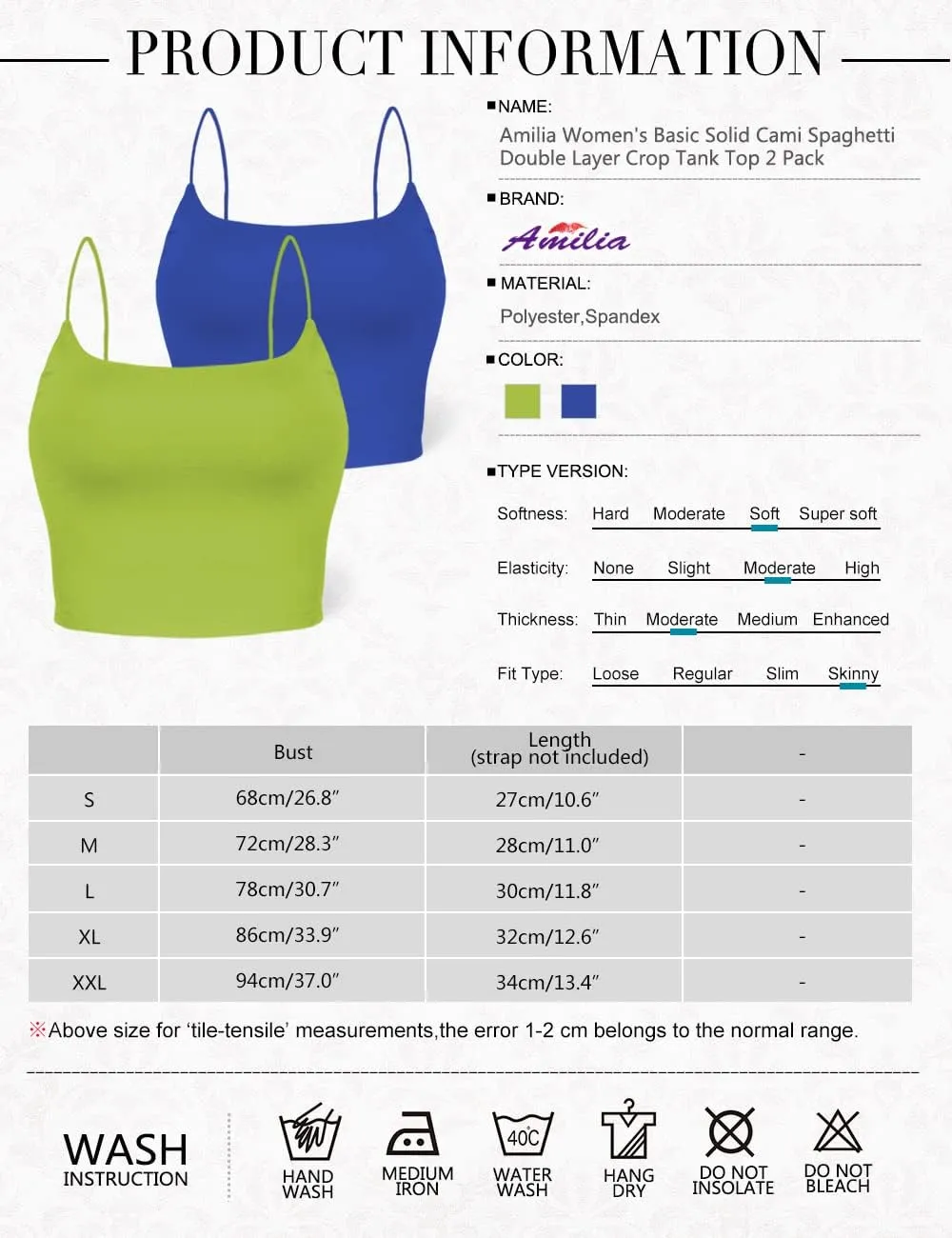 Amilia Women's Basic Solid Cami Spaghetti Double Layer Crop Tank Top