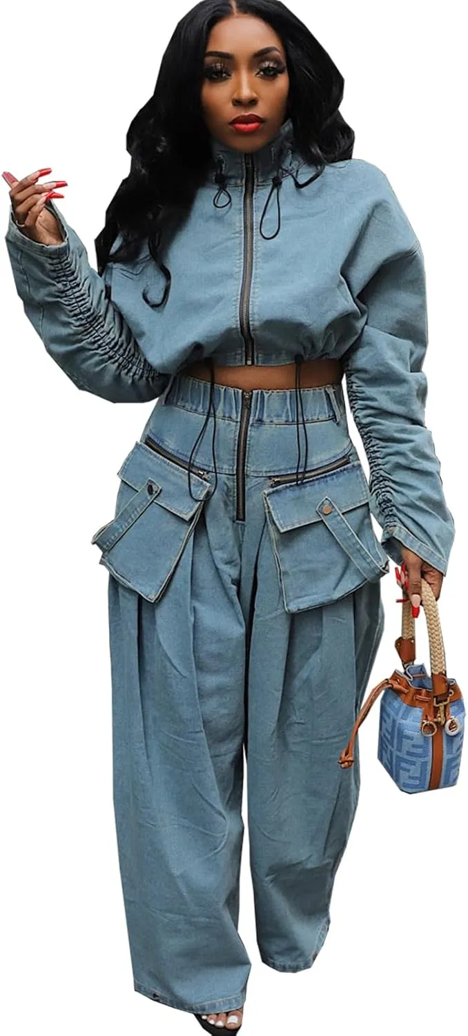 Angsuttc Womens Two Piece Sets Denim Outfit Ruched Long Sleeve Zip Up Cropped Jean Jacket Wide Leg Pants Chic Set