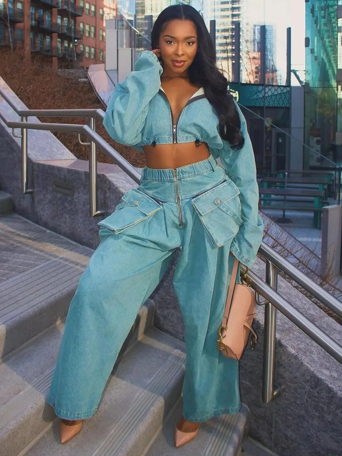 Angsuttc Womens Two Piece Sets Denim Outfit Ruched Long Sleeve Zip Up Cropped Jean Jacket Wide Leg Pants Chic Set