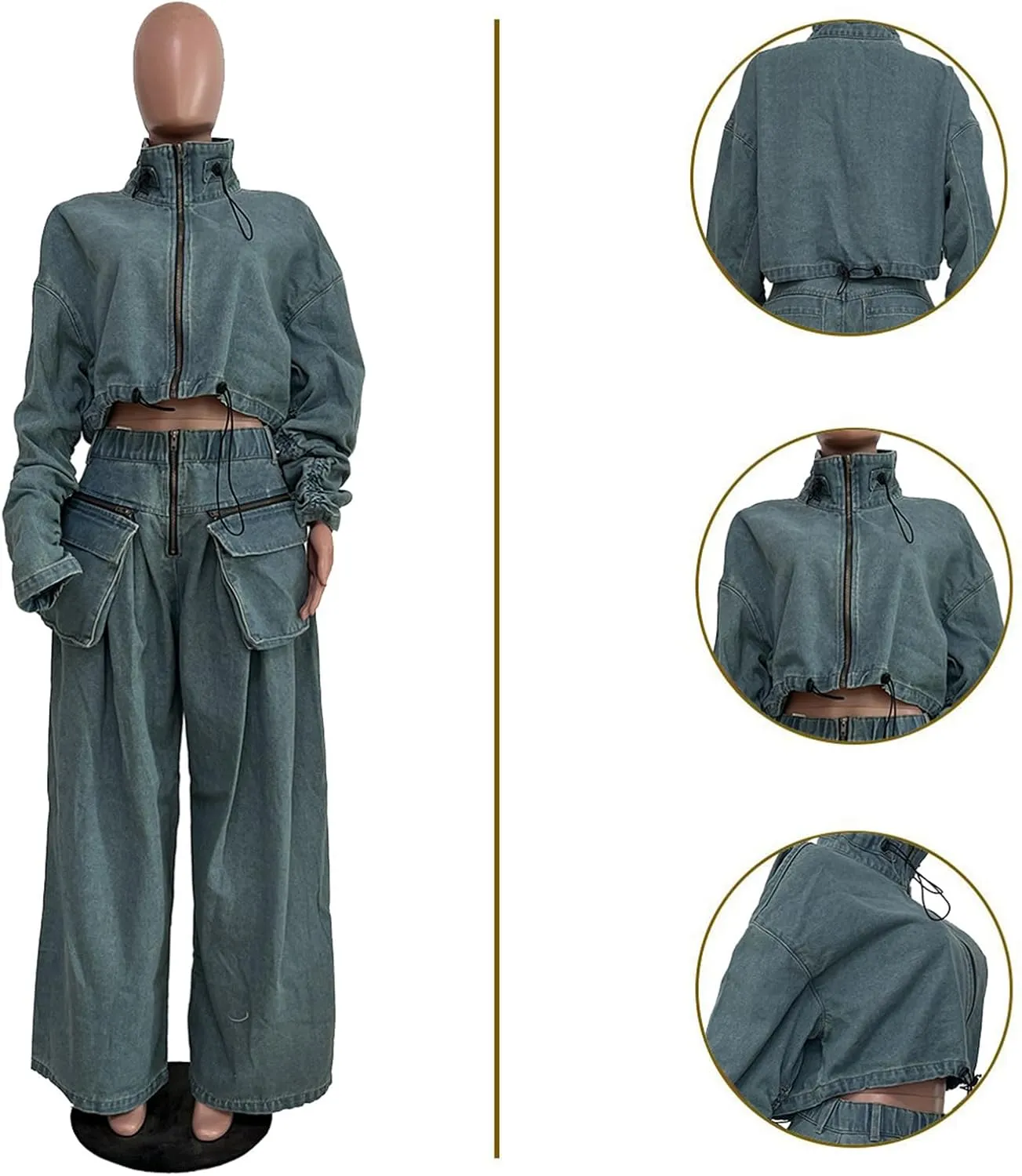 Angsuttc Womens Two Piece Sets Denim Outfit Ruched Long Sleeve Zip Up Cropped Jean Jacket Wide Leg Pants Chic Set