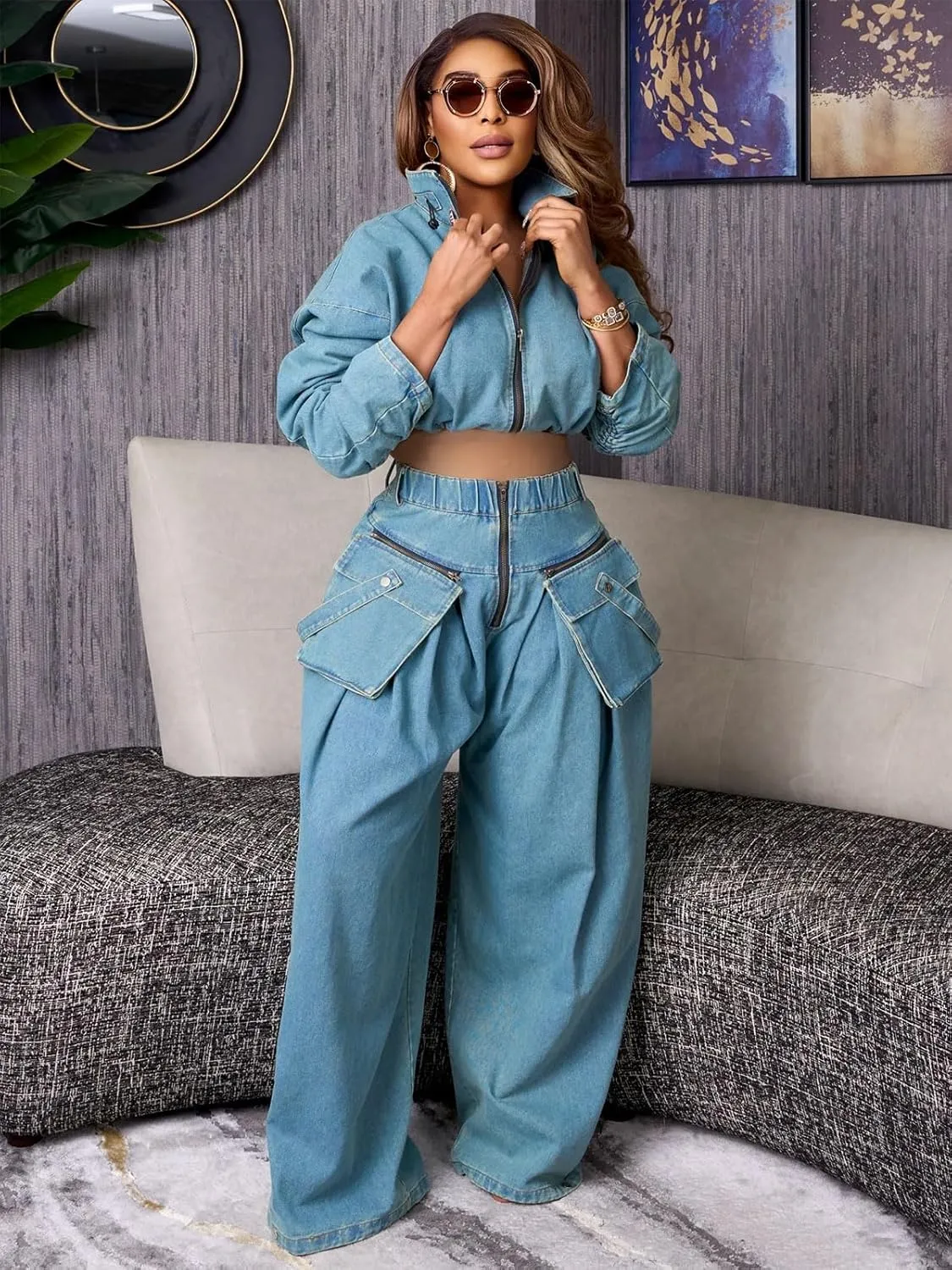 Angsuttc Womens Two Piece Sets Denim Outfit Ruched Long Sleeve Zip Up Cropped Jean Jacket Wide Leg Pants Chic Set