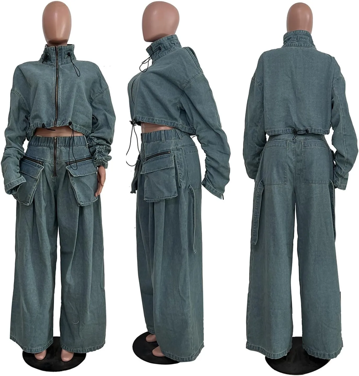 Angsuttc Womens Two Piece Sets Denim Outfit Ruched Long Sleeve Zip Up Cropped Jean Jacket Wide Leg Pants Chic Set