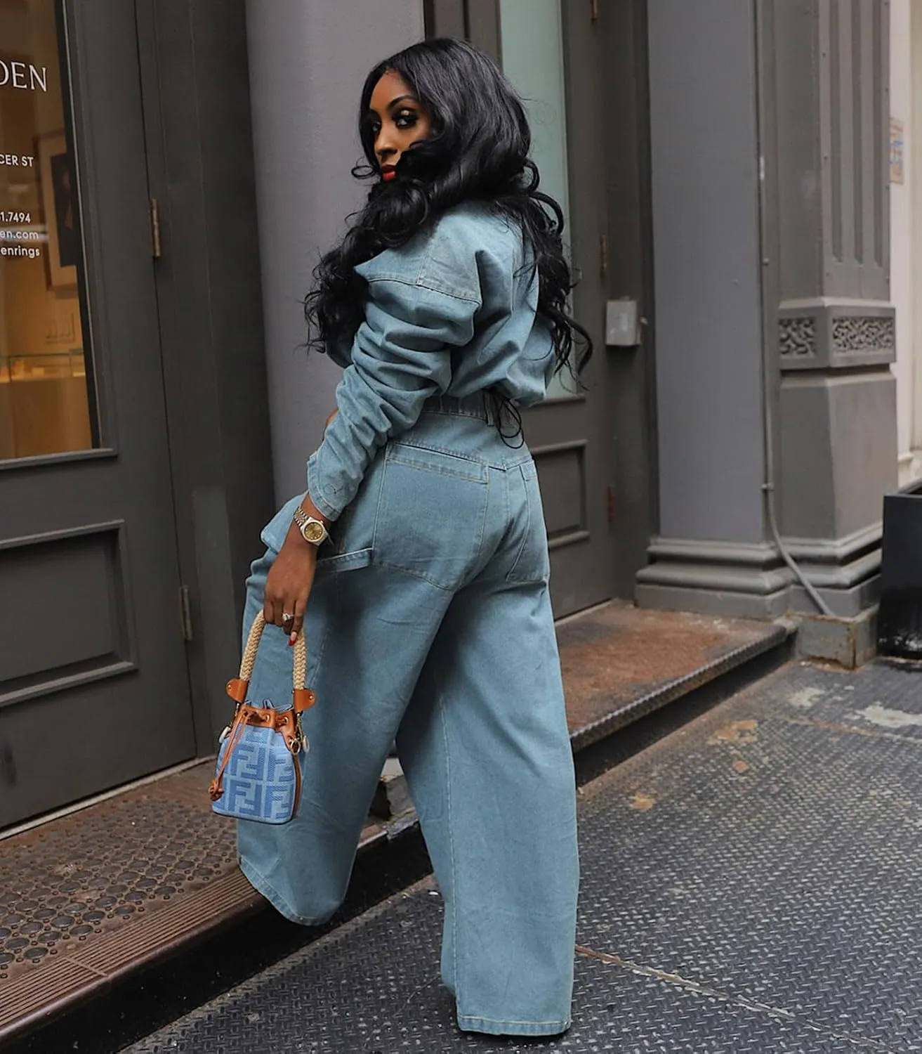 Angsuttc Womens Two Piece Sets Denim Outfit Ruched Long Sleeve Zip Up Cropped Jean Jacket Wide Leg Pants Chic Set