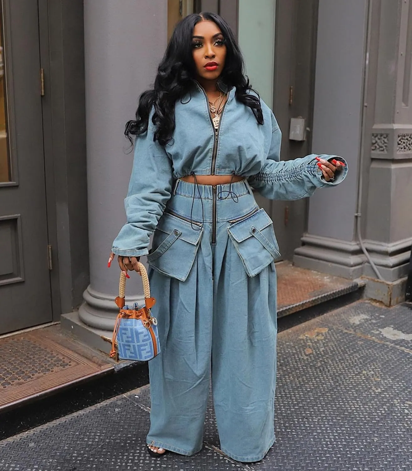 Angsuttc Womens Two Piece Sets Denim Outfit Ruched Long Sleeve Zip Up Cropped Jean Jacket Wide Leg Pants Chic Set