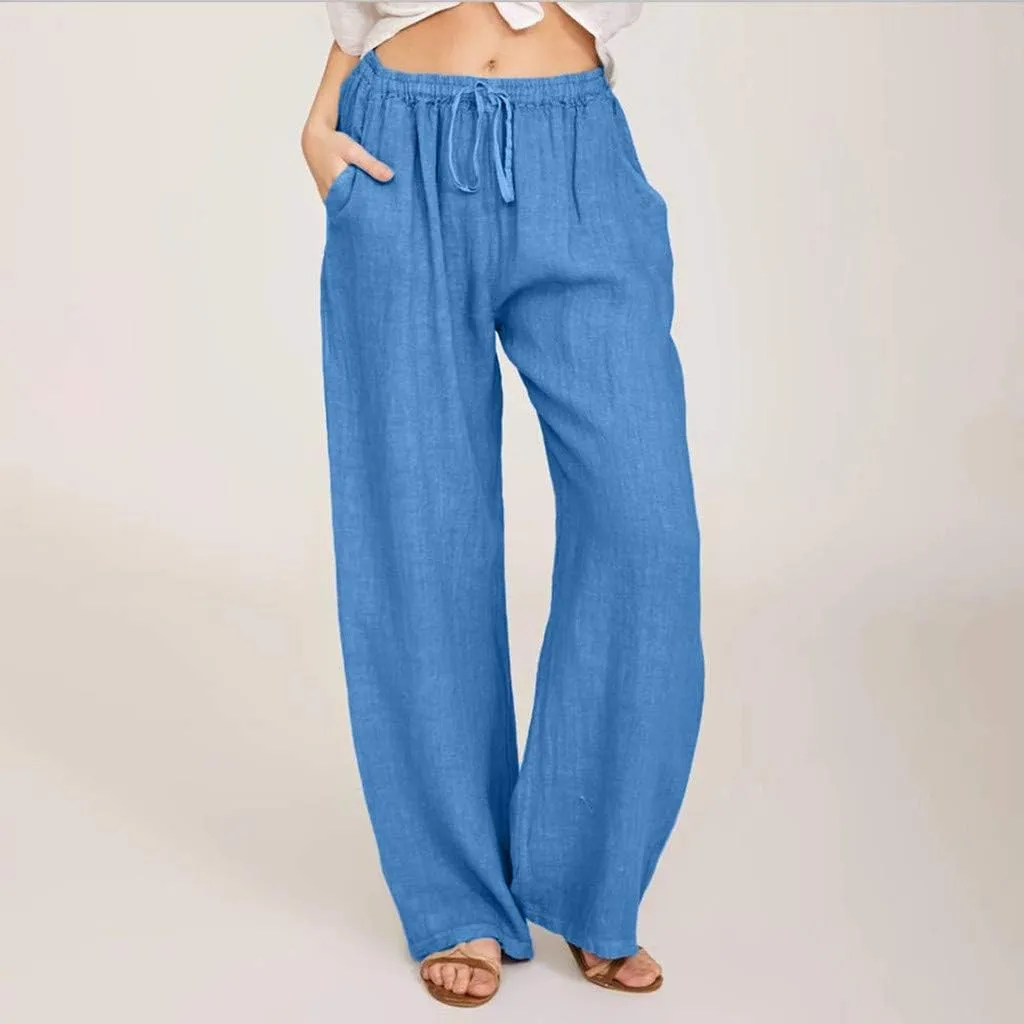 Borniu Women's Cotton Linen Pants Summer High Waisted Palazzo Pants Wide Leg Drawstring Elastic Waist Loose Comfy Trousers