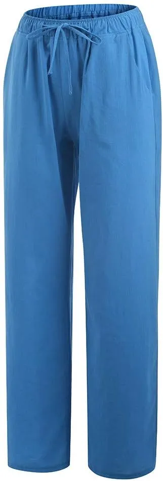 Borniu Women's Cotton Linen Pants Summer High Waisted Palazzo Pants Wide Leg Drawstring Elastic Waist Loose Comfy Trousers