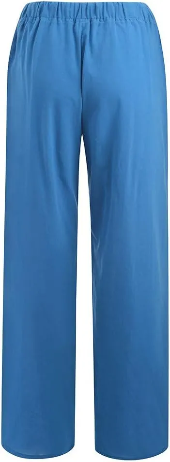 Borniu Women's Cotton Linen Pants Summer High Waisted Palazzo Pants Wide Leg Drawstring Elastic Waist Loose Comfy Trousers