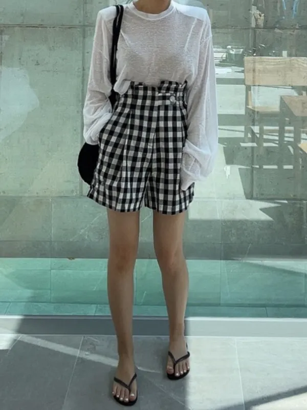 Buttoned Elasticity Plaid High Waisted Loose Shorts Bottoms