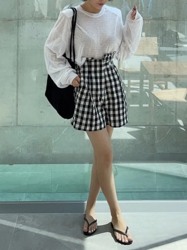 Buttoned Elasticity Plaid High Waisted Loose Shorts Bottoms