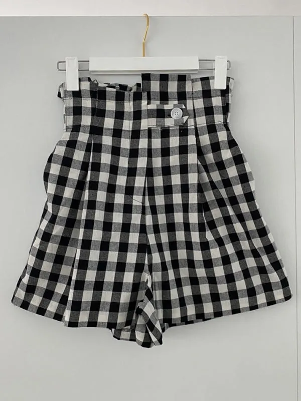 Buttoned Elasticity Plaid High Waisted Loose Shorts Bottoms