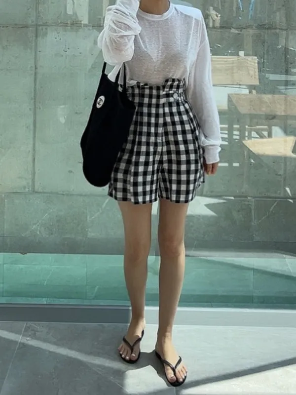 Buttoned Elasticity Plaid High Waisted Loose Shorts Bottoms