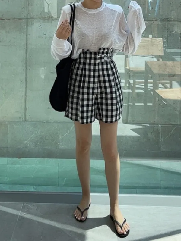 Buttoned Elasticity Plaid High Waisted Loose Shorts Bottoms
