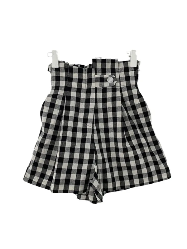 Buttoned Elasticity Plaid High Waisted Loose Shorts Bottoms
