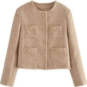 Casual Tweed Blazer Jacket for Women Cropped Open Front Button Down Collarless Coat Office Work Business Dress Jackets