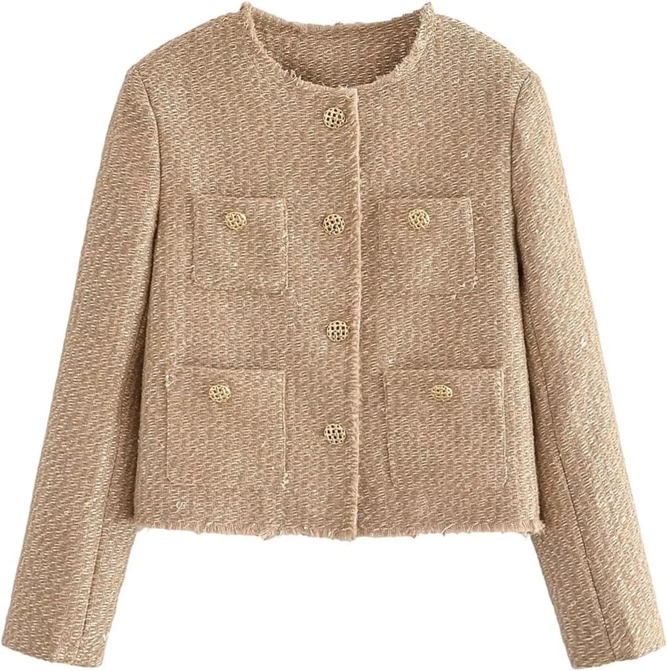 Casual Tweed Blazer Jacket for Women Cropped Open Front Button Down Collarless Coat Office Work Business Dress Jackets