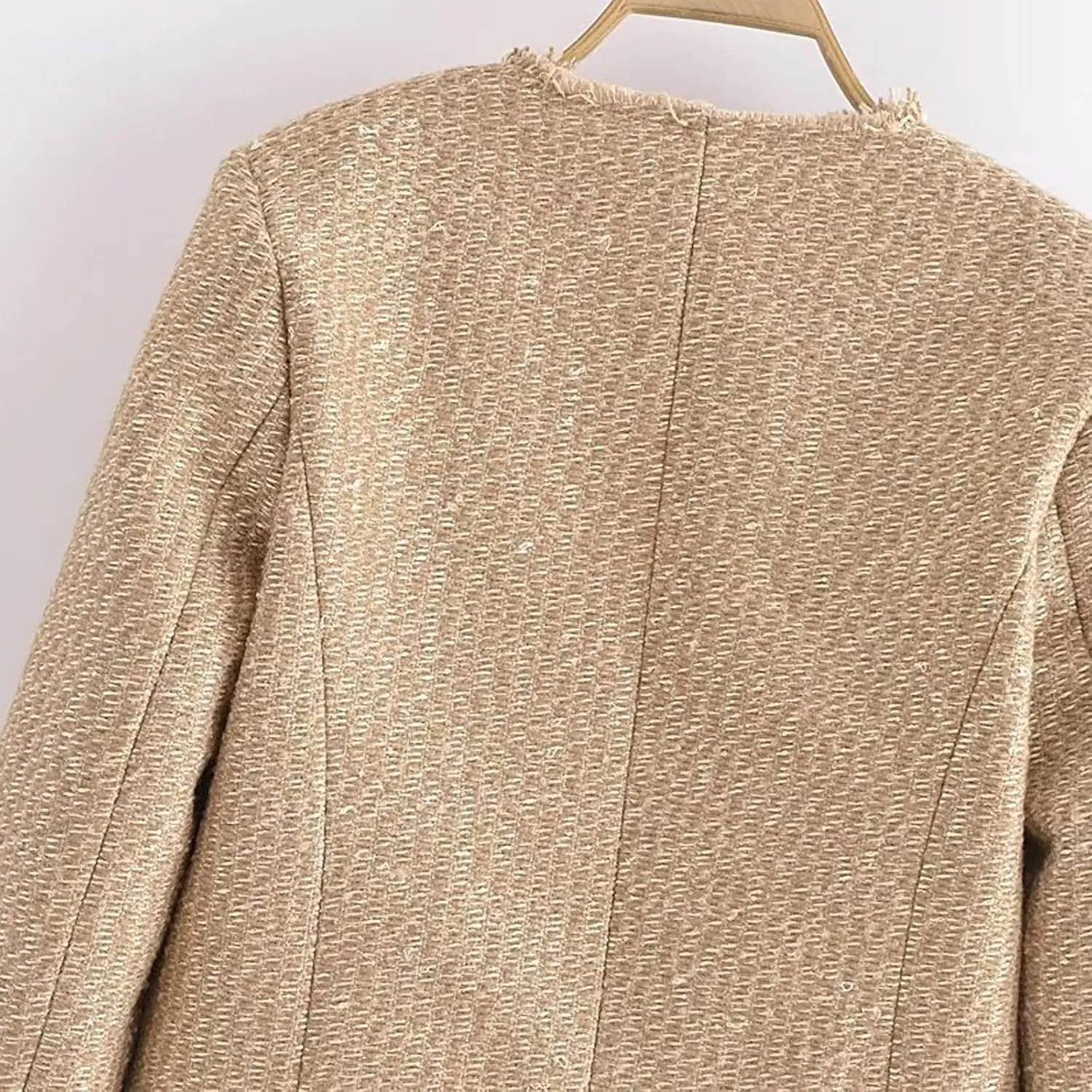 Casual Tweed Blazer Jacket for Women Cropped Open Front Button Down Collarless Coat Office Work Business Dress Jackets