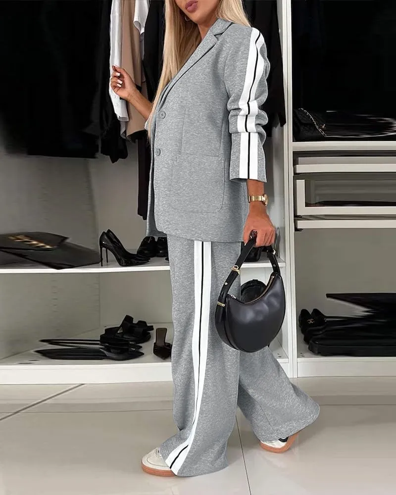 CHICME Womens Two Piece Outfits Striped Side Button Blazer and Pants with Pockets Sets Business Casual Pant Suits Set