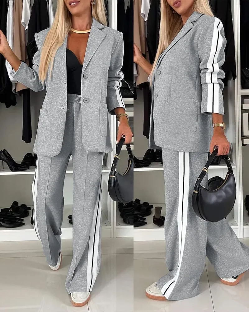 CHICME Womens Two Piece Outfits Striped Side Button Blazer and Pants with Pockets Sets Business Casual Pant Suits Set