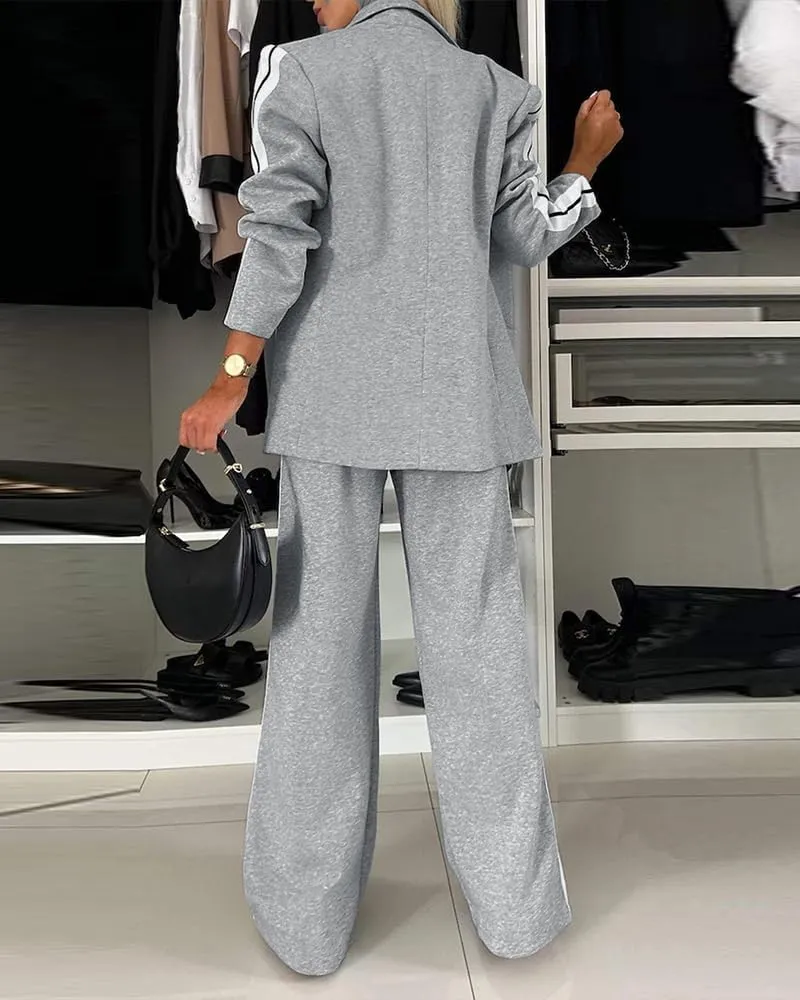 CHICME Womens Two Piece Outfits Striped Side Button Blazer and Pants with Pockets Sets Business Casual Pant Suits Set