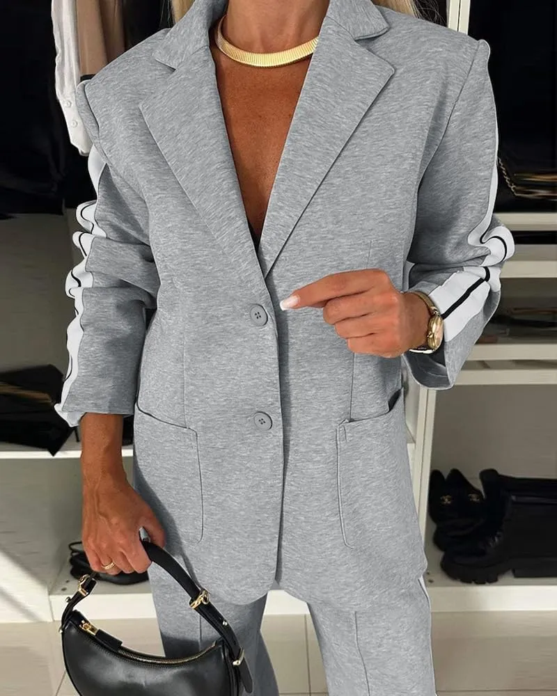 CHICME Womens Two Piece Outfits Striped Side Button Blazer and Pants with Pockets Sets Business Casual Pant Suits Set