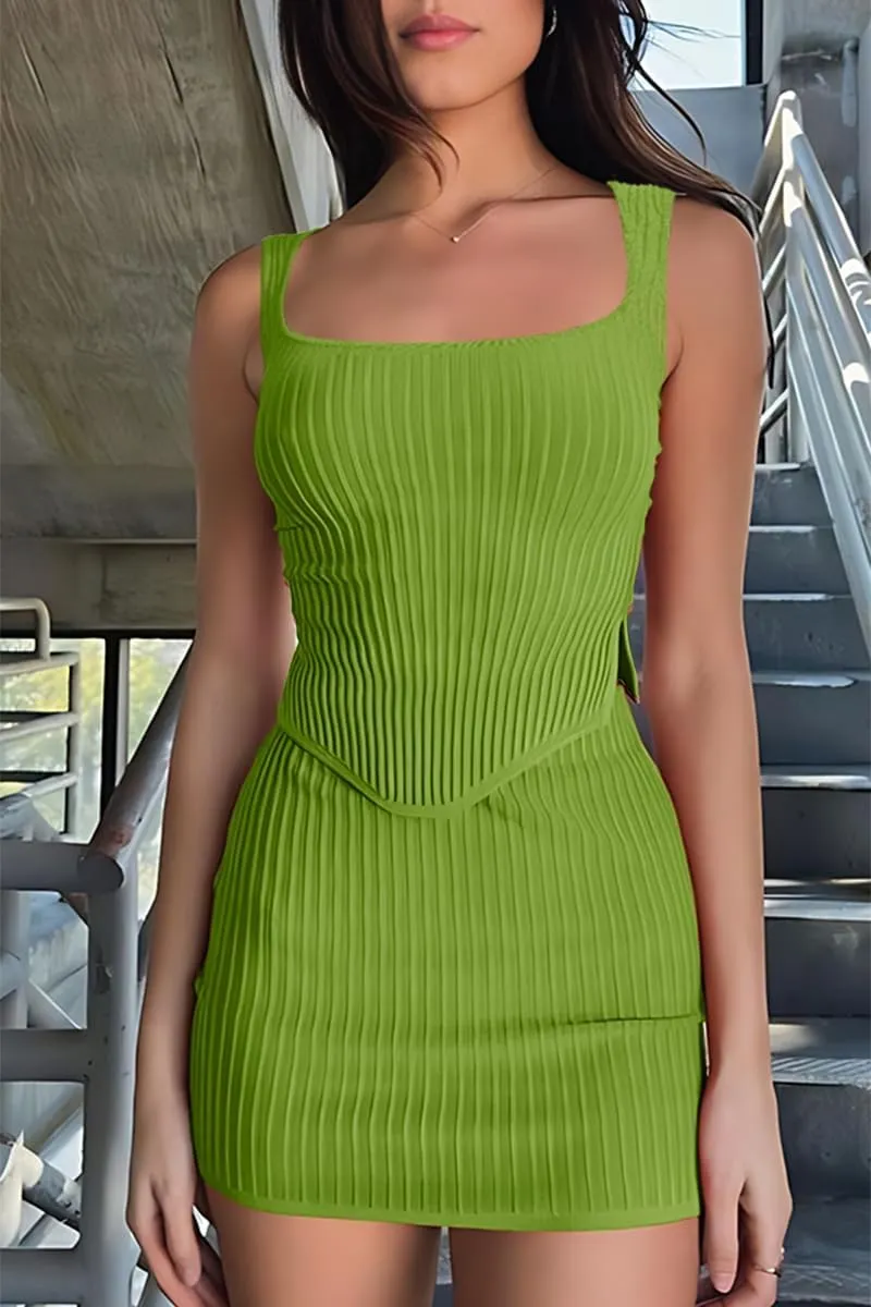 CHYRII Womens Sexy Summer Two Piece Outfits Square Neck Going Out Crop Top Bodycon Skirt Sets Mini Dress