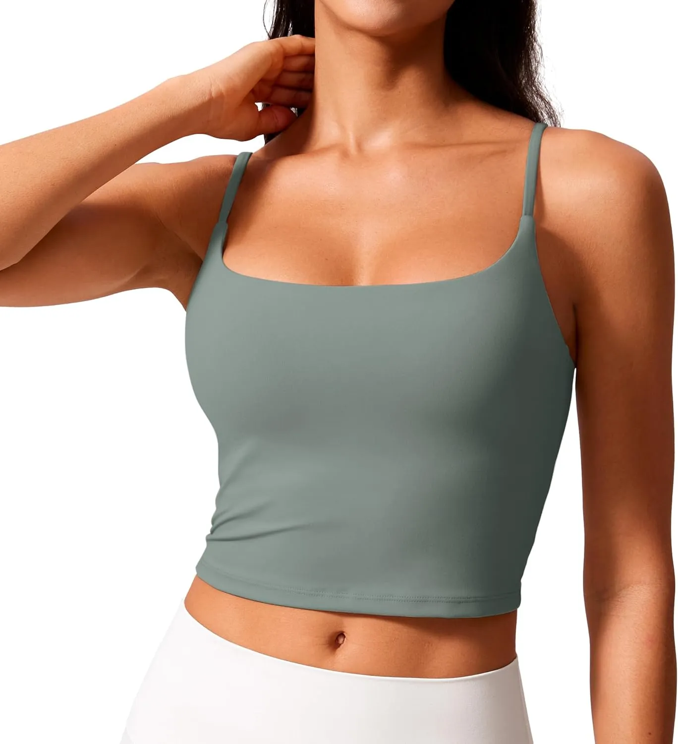 CRZ YOGA Butterlift Womens Scoop Neck Longline Sports Bra - U Back Adjustable Straps Workout Crop Tank Top with Built in Pads