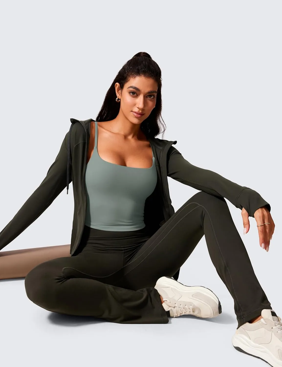 CRZ YOGA Butterlift Womens Scoop Neck Longline Sports Bra - U Back Adjustable Straps Workout Crop Tank Top with Built in Pads