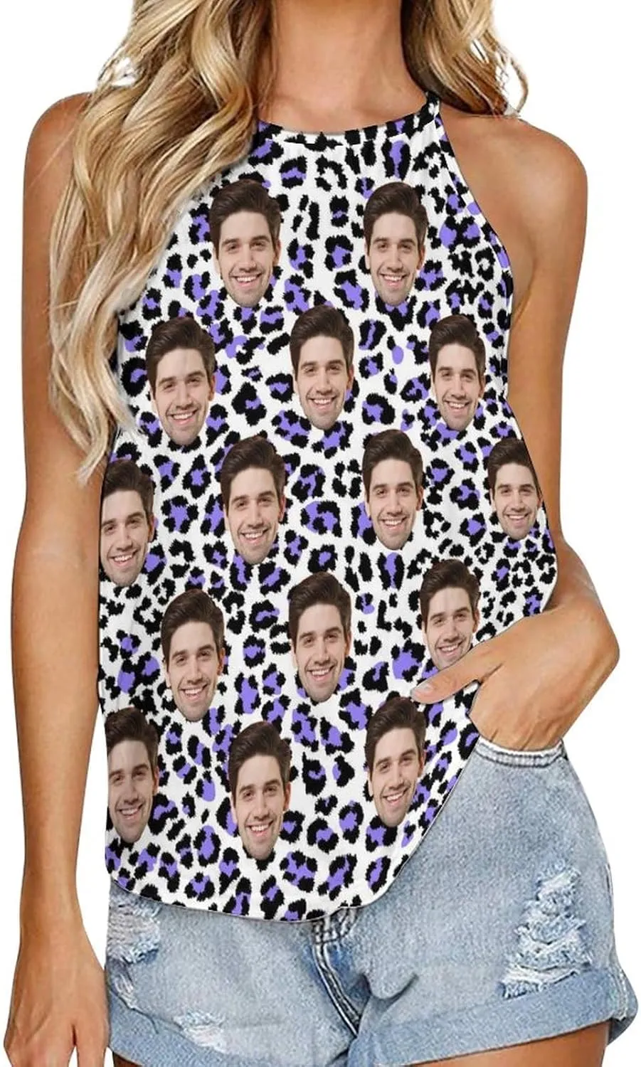 Custom Crop Tank Top Slim Fit Personalized Face on Sleeveless Cami Shirts Crew Neck for Women Wife Girlfriend Gifts