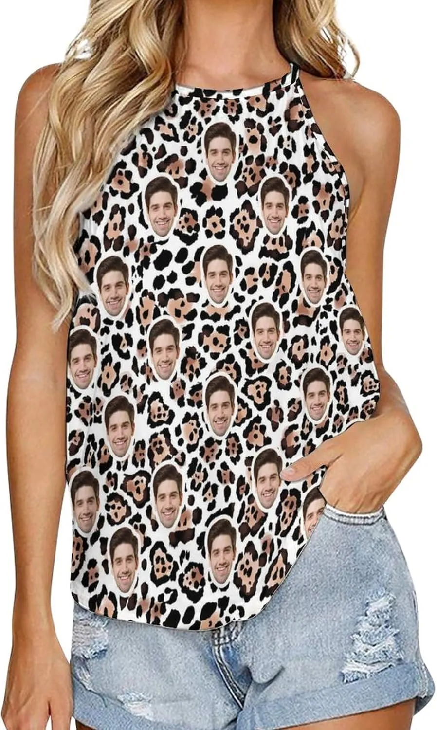 Custom Crop Tank Top Slim Fit Personalized Face on Sleeveless Cami Shirts Crew Neck for Women Wife Girlfriend Gifts