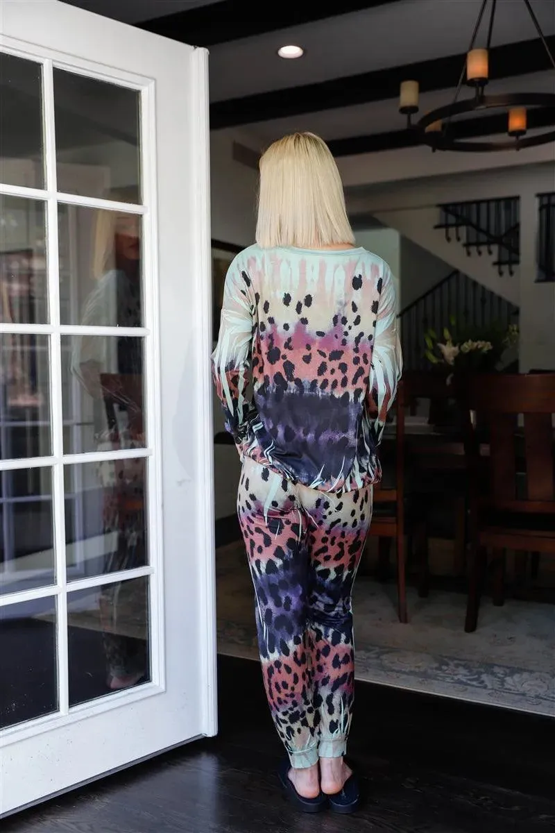Dark Sage Animal Print Long Sleeve T-Shirt & Sweatpants Set