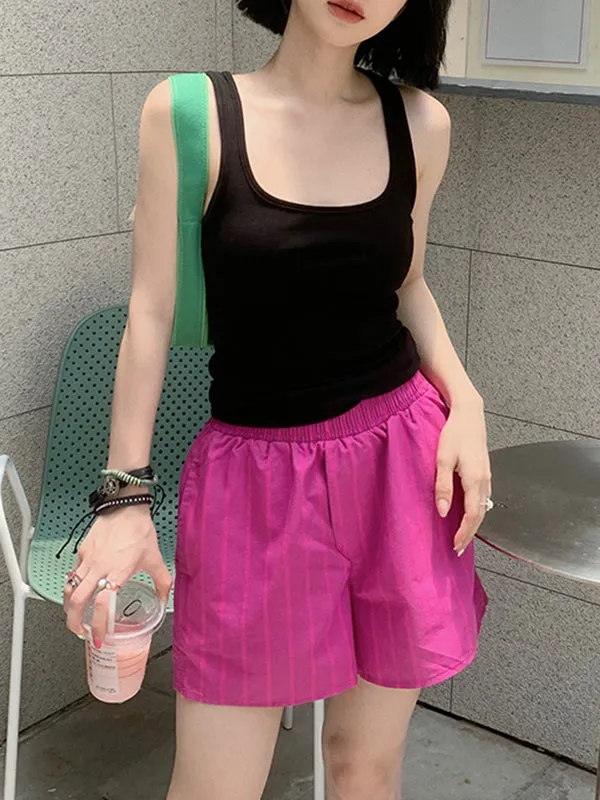 Elasticity Split-Joint Striped High Waisted Loose Shorts Bottoms