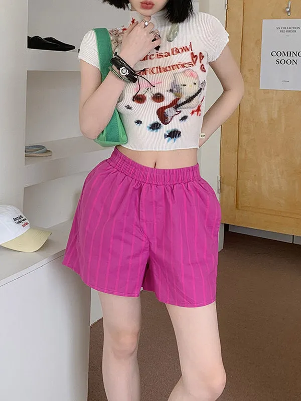 Elasticity Split-Joint Striped High Waisted Loose Shorts Bottoms