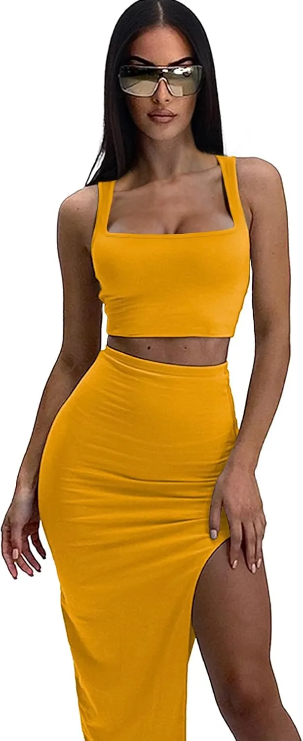 ELLEVEN Two Piece Maxi Skirt Sets for Women, Square Neck Tank Tops with High Side Slit Dress Sets Summer Outfits