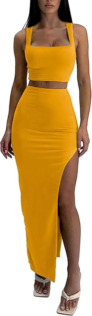 ELLEVEN Two Piece Maxi Skirt Sets for Women, Square Neck Tank Tops with High Side Slit Dress Sets Summer Outfits