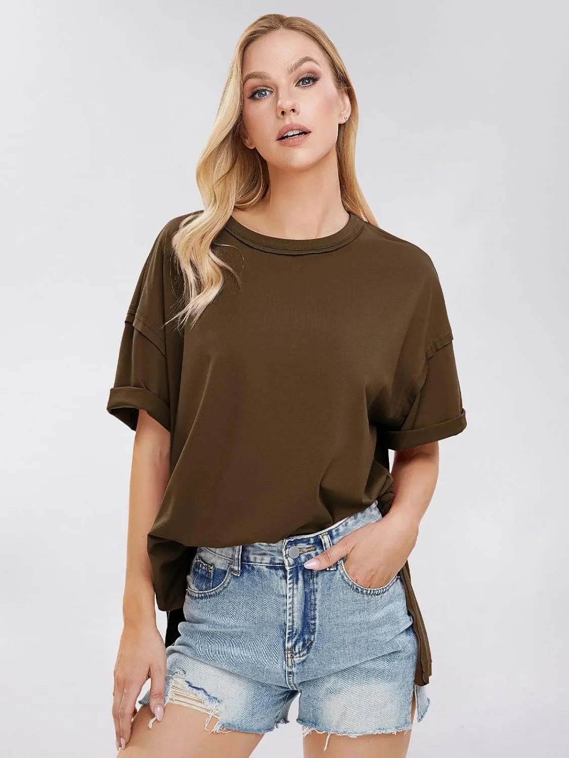 EXLURA Womens Summer Oversized T Shirts 2025 Casual Short Sleeve Loose Maternity Tops Crewneck Tunic Plus Gym Workout Top