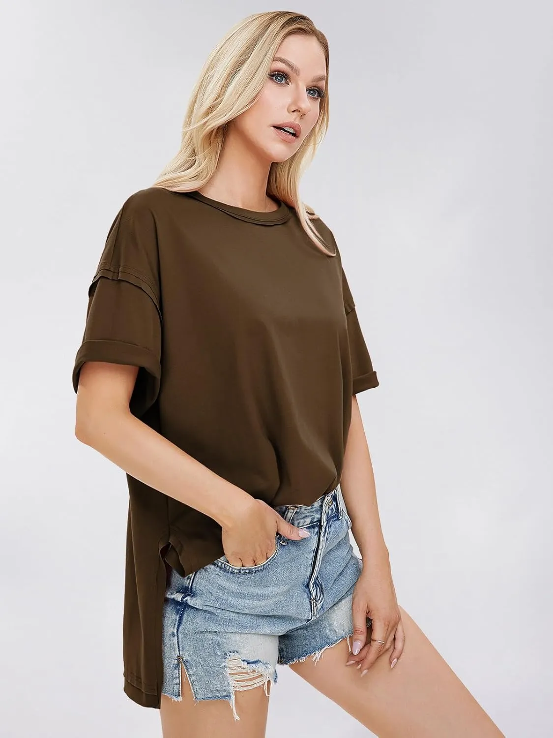 EXLURA Womens Summer Oversized T Shirts 2025 Casual Short Sleeve Loose Maternity Tops Crewneck Tunic Plus Gym Workout Top