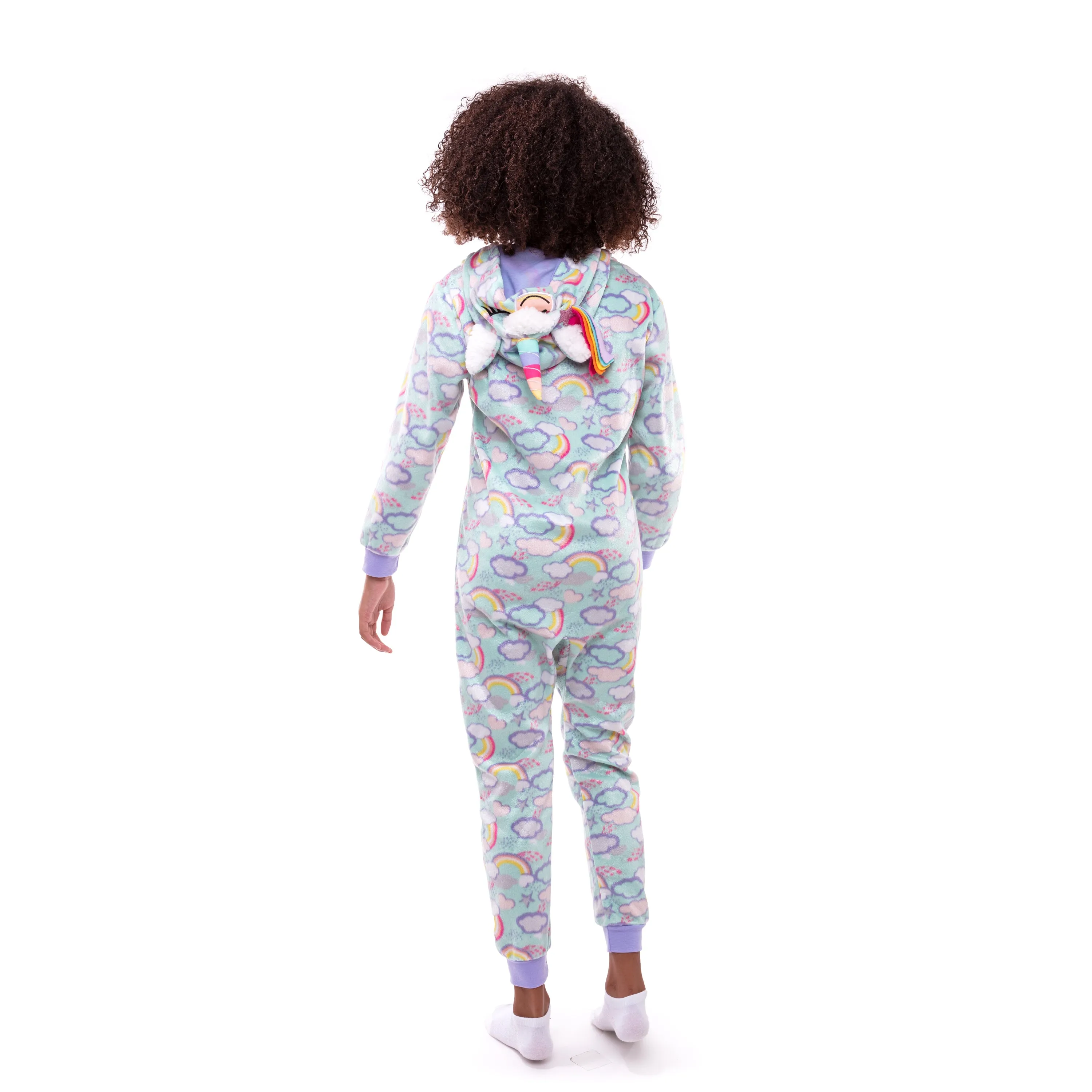 Girls Clouds & Rainbows Zip-Up Hooded Sleeper Pajama with Built Up 3D Character Hood