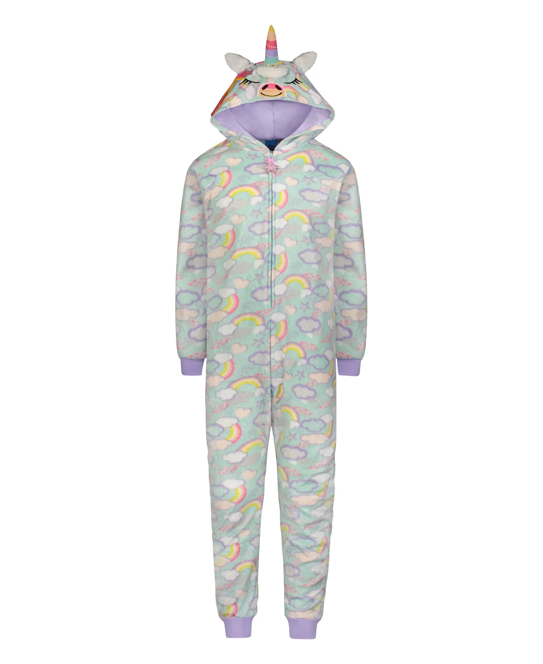 Girls Clouds & Rainbows Zip-Up Hooded Sleeper Pajama with Built Up 3D Character Hood