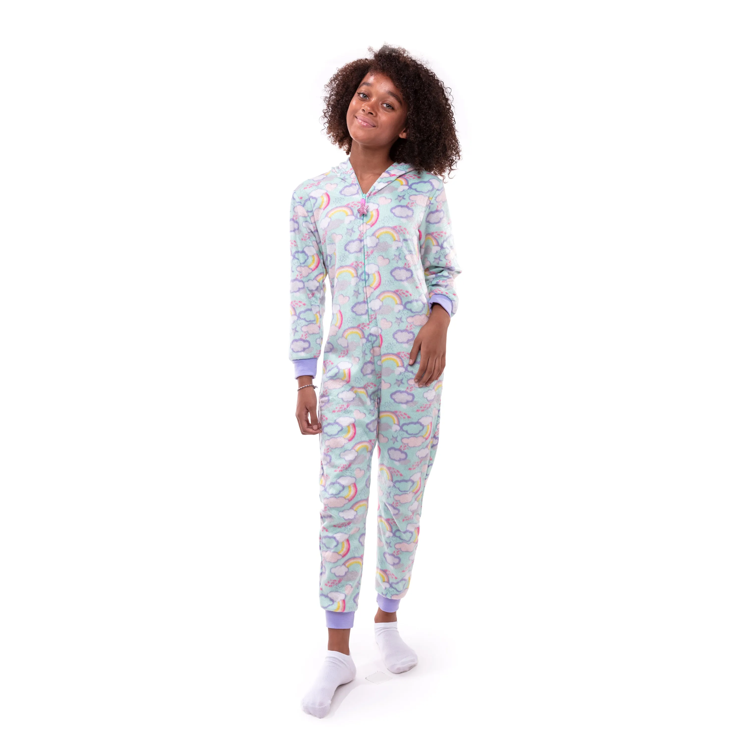 Girls Clouds & Rainbows Zip-Up Hooded Sleeper Pajama with Built Up 3D Character Hood