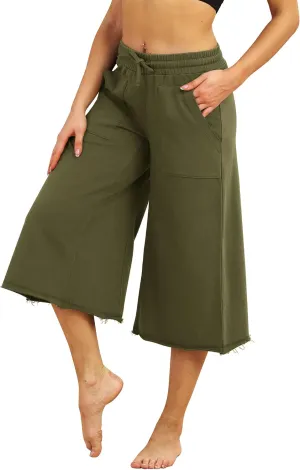 icyzone Culottes Capri Pants for Women - Elastic Waist Wide Leg Joggers Casual Lounge Cotton Sweatpants with Pockets