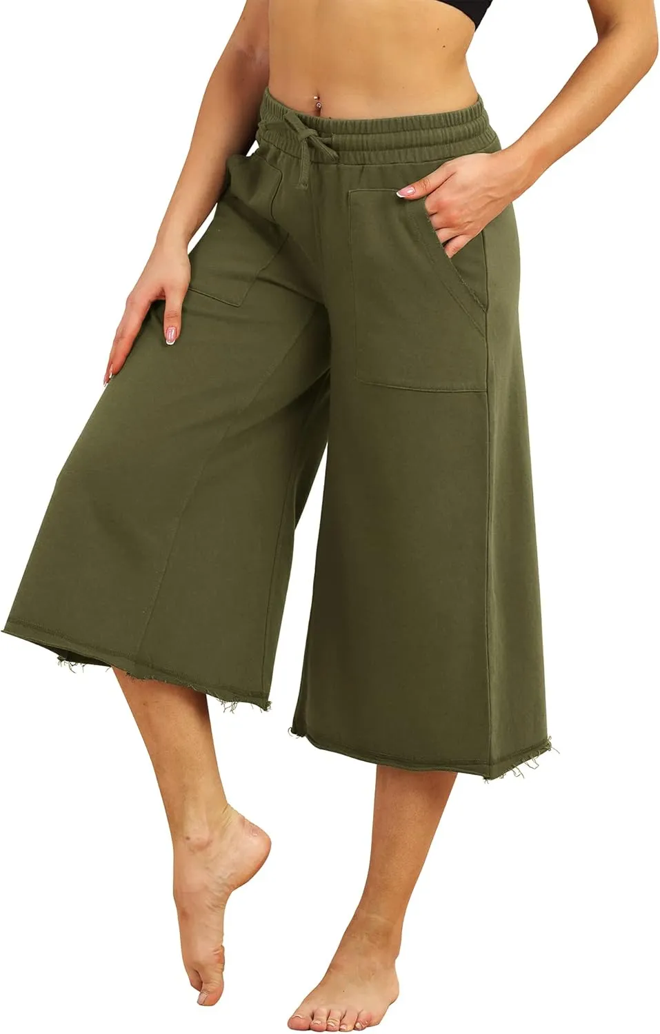 icyzone Culottes Capri Pants for Women - Elastic Waist Wide Leg Joggers Casual Lounge Cotton Sweatpants with Pockets