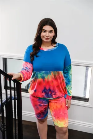 Junior Plus Blue Neon Rainbow Tie-Dye Colorblock Long Sleeve Top & Biker Shorts Set /1-1-1